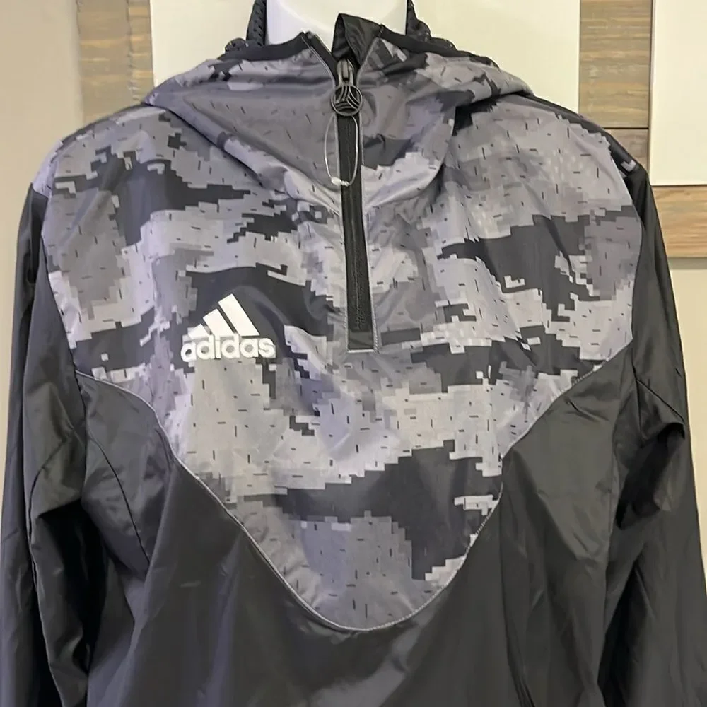 Adidas Black Pullover Camo Hooded Soccer Windbreaker with Longer Back Flap-Small